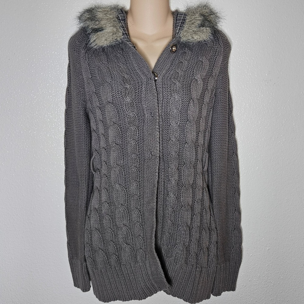 Roxy Cable Knit Faux Fur Hooded Cardigan